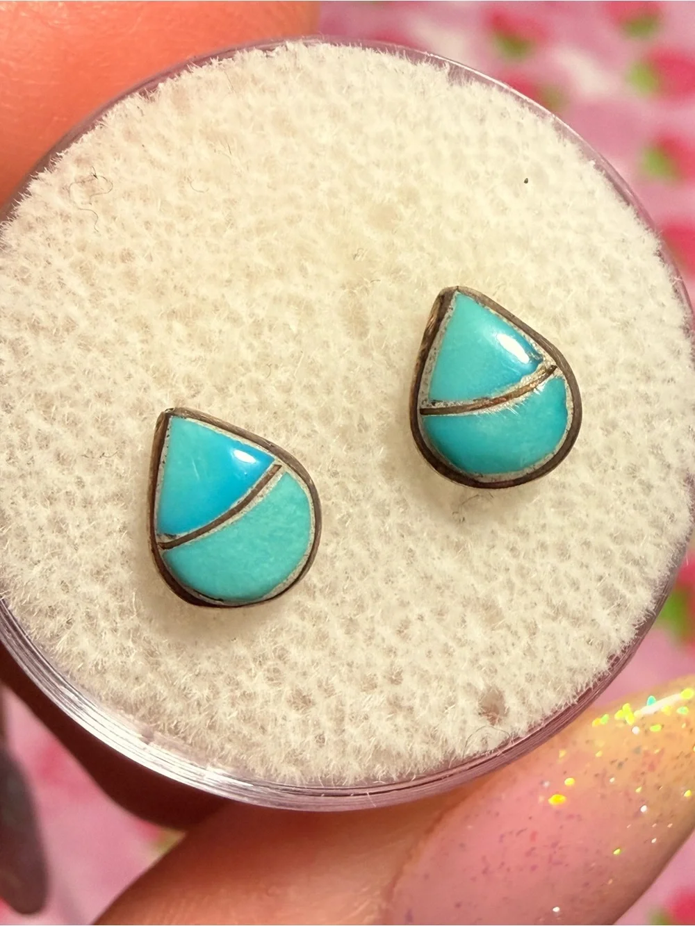 Vintage Zuni-Style Teardrop Turquoise Channel Inlay Sterling Silver Earrings - Picture 2 of 7